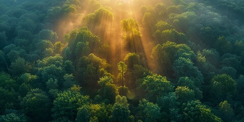 Majestic Woodland at Sunrise. Aerial Photograph with Light Rays coming through Trees. Nature...