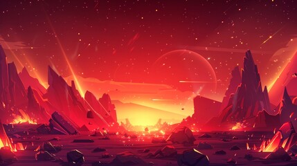 The background of this cartoon fantasy game scene includes glowing flying rocks and the sky is filled with stars. It is a futuristic 2D background with a parallax scrolling effect.