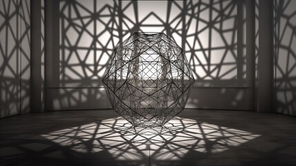 A delicate, wireframe model of a dodecahedron, its shadows casting an intricate pattern of pentagons on the surrounding walls, embodying the perfect balance and symmetry inherent in geometric forms.