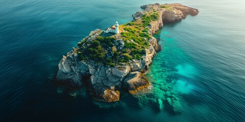 Aerial drone view of the lonely rocky island with lighthouse - Powered by Adobe
