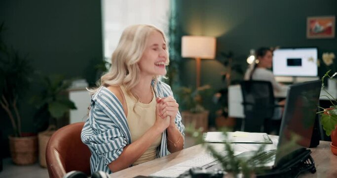 Woman, promotion and desk in office for celebration, laptop and cheer in workplace. Achievement, technology and digital creative designer for female person, announcement and success with excitement