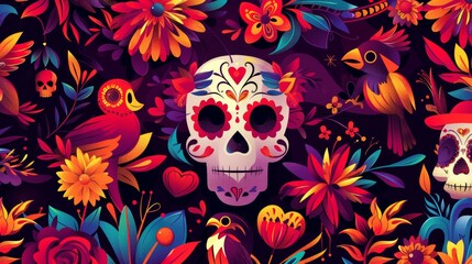 Modern landing page of Day of Dead in Mexico with cartoon illustration of traditional Mexican ethnic print with skull, flowers, heart and birds.