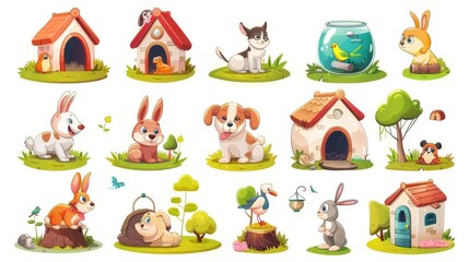 The home of pets, domestic animals, puppies and booths. Puppy and booth, rabbit and burrow, gold fish with aquarium, canary and birdhouse. Cute characters isolated on white. Cartoon modern