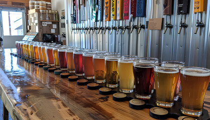american microobrewery, with pints of beer of all kinds on display