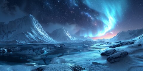 Winter Terrain with Aurora Lights.