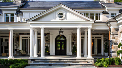 Main entrance door in house. Wooden front door with gabled porch and landing. Exterior of Georgian style home cottage with columns,A white two story traditional house with front porch
