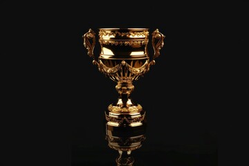A shiny gold trophy displayed on a sleek black table. Perfect for sports or achievement concepts