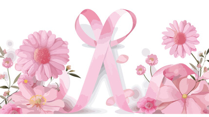 Pink ribbon and flowers on white background. Breast