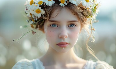 Young girl wearing a white spring dress and a flower wreath in her hair. Munich, Germany