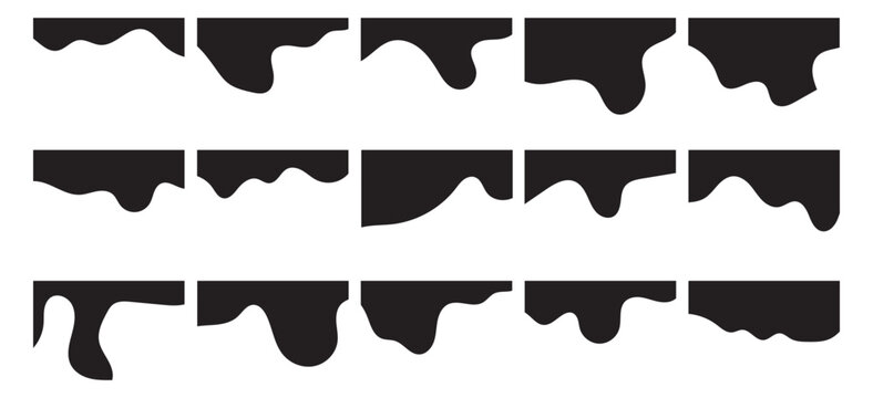 Website border and header set with drops, waves, organic and geometric shapes in black colour. Isolated vector template for website, app, poster, banner. On white background in eps 10.