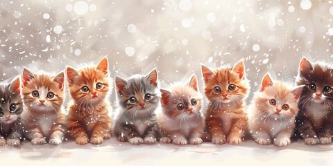 many cute different funny fluffy kittens on a light background banner