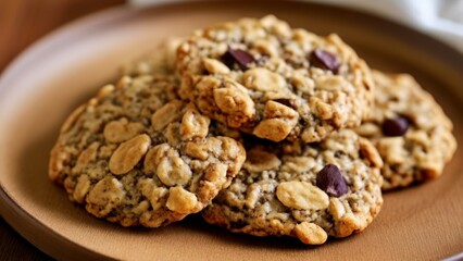Obraz premium Deliciously baked oatmeal cookies with chocolate chips and nuts