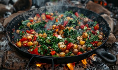 Greens and root vegetables cooking in a pan over hot coals