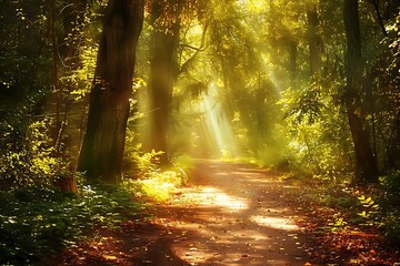 A forest path dappled with sunlight filtering through leaves.