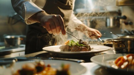 A skilled chef in a white uniform meticulously garnishing a dish in a modern, well-equipped restaurant kitchen.