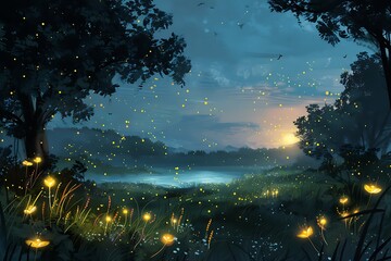 A night landscape illuminated by the glow of fireflies.