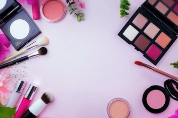 Set of cosmetics on a pink empty background with copy space. Makeup powder and blush. Beauty concept.