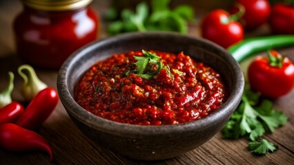  Freshly made salsa with vibrant red peppers and herbs