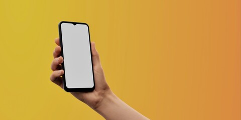 Smartphone in hand against a bright yellow backdrop, ideal for app promos