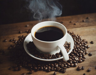 Fototapeta premium Una tazzina di caffè, il riflesso dell'alba nelle sue curve, accoglie i chicchi di caffè come custodi di un segreto.