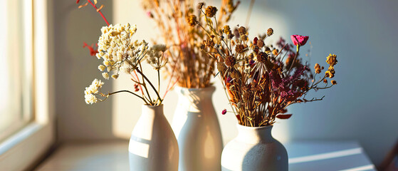 Flowerfilled vases adorn the table as natural artifacts