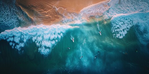 Aerial drone view of surfers catching waves