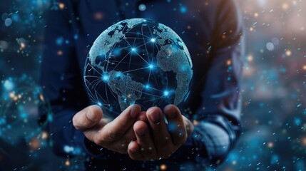 a man holds a globe that connects a network of information forwarding to the world, quick and easy forwarding information.and network connection a black