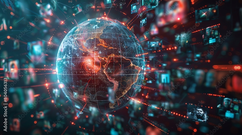 Poster illustration of a digital globe surrounded by dynamic networks and data points representing global c