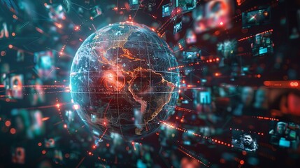 Obraz premium Illustration of a digital globe surrounded by dynamic networks and data points representing global connectivity and information technology.