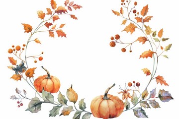 Watercolor painting of autumn leaves and pumpkins, perfect for fall decor