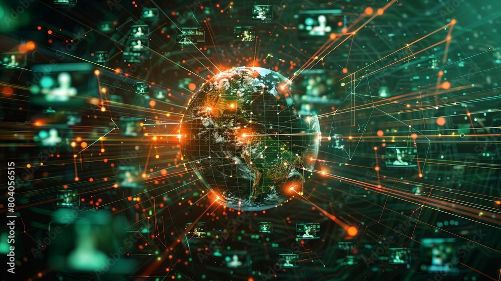 Poster illustration of a digital globe surrounded by dynamic networks and data points representing global c