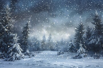 A starlit sky above a serene, snow-covered forest.