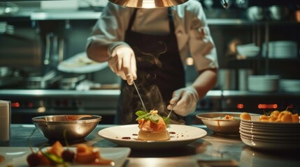 A skilled chef in a white uniform meticulously garnishing a dish in a modern, well-equipped restaurant kitchen.