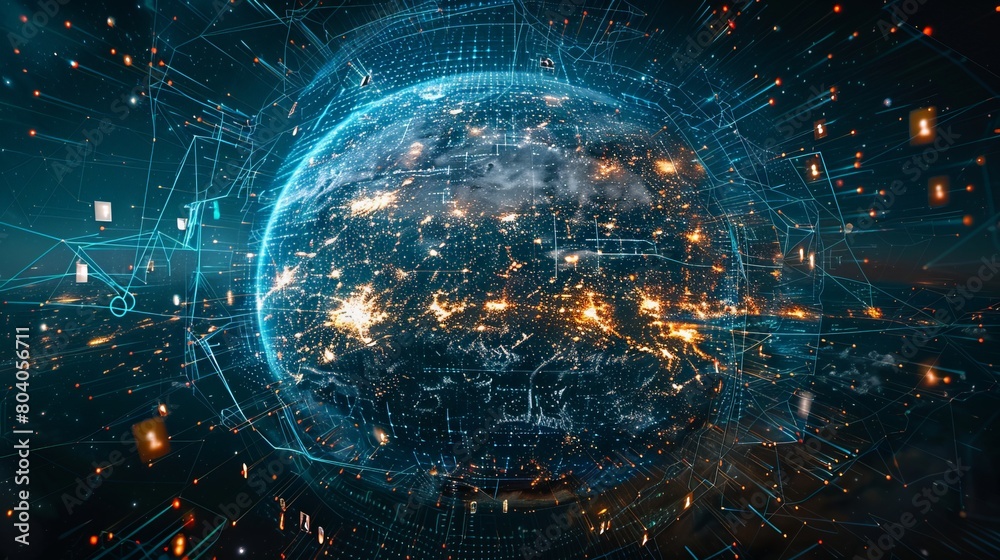 Poster illustration of a digital globe surrounded by dynamic networks and data points representing global c