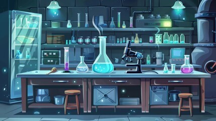 Set of chemical lab furniture for experimentation, research, and medical tests. Modern cartoon illustration of a laboratory room with microscope, flasks, and tubes on the table and refrigerator.