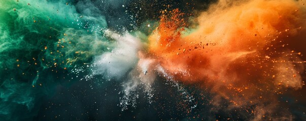 Colored powder explosion. Green, white and orange colors dust on black background. Multicolored powder splash background