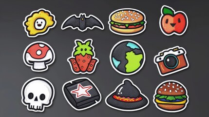 Stylish retro stickers featuring a ufo, a flower, a mushroom, a camera, a dinosaur, and a girl. Modern set of contemporary comic patches featuring hamburgers, stars, globes, bats, skulls, and apples.
