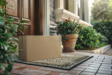 Fototapeta na wymiar Parcel Delivery at Doorstep, door mat near entrance. Cardboard package box, parcel delivery service to home.