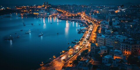 Aerial view of Gzira at night with glittering city lights and busy roads,