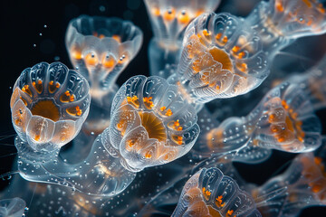 Transparent or colorful jellyfish, some with stinging tentacles, drift in the sea