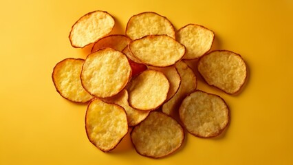 Fototapeta premium Crispy golden potato chips on a yellow background