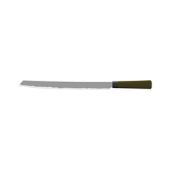 Burja, Japanese-made prosciutto knife flat design illustration isolated on white background. A traditional Japanese kitchen knife with a steel blade and wooden handle.