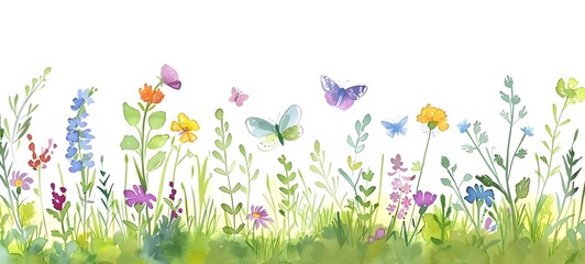 Lush Meadow with Colorful Wildflowers and Butterflies in Springtime Landscape