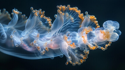 Fototapeta premium Translucent jellyfish, some glowing, drift in a tank and deep ocean darkness