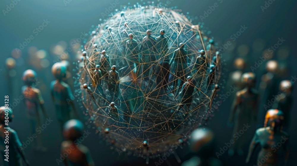 Poster futuristic representation of a social media sphere where each segment is a user's face, interconnect