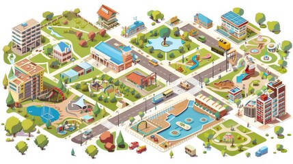 Isometric city map of modern town with eco park, kids playground, hotel or office building with restaurant. Modern illustration showing urban architecture and vehicles on the streets.