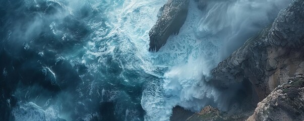 Dramatic Overhead Shot of Rugged Coastline. Natural Wallpaper, with Coastal Rocks and Crashing Waves.