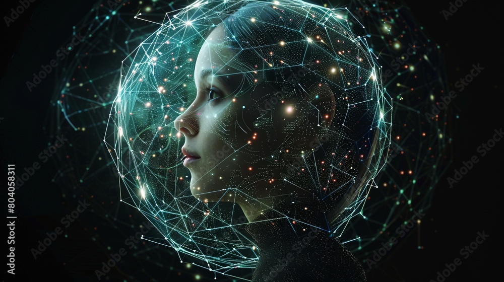 Poster futuristic representation of a social media sphere where each segment is a user's face, interconnect