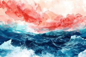 Abstract desktop wallpaper of swirling Living Coral and Pacific Coast hues, emphasizing negative space and rule of thirds. Chaotic yet serene.