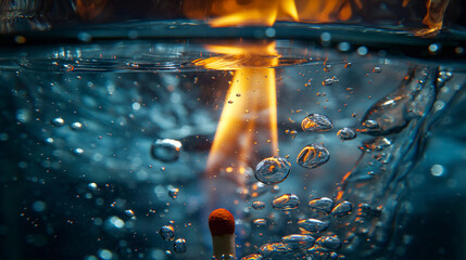 A fiery matchstick is captured at the precise moment it touches the water, creating a stunning contrast between fire and water with bubbles